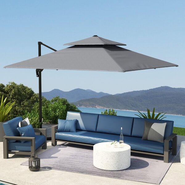 Outsunny 3 x 3(m) Cantilever Parasol with Aluminium Frame, Crank and Tilt, 360° Rotation, Double Top Garden Umbrella with Base and Cover, Light Grey