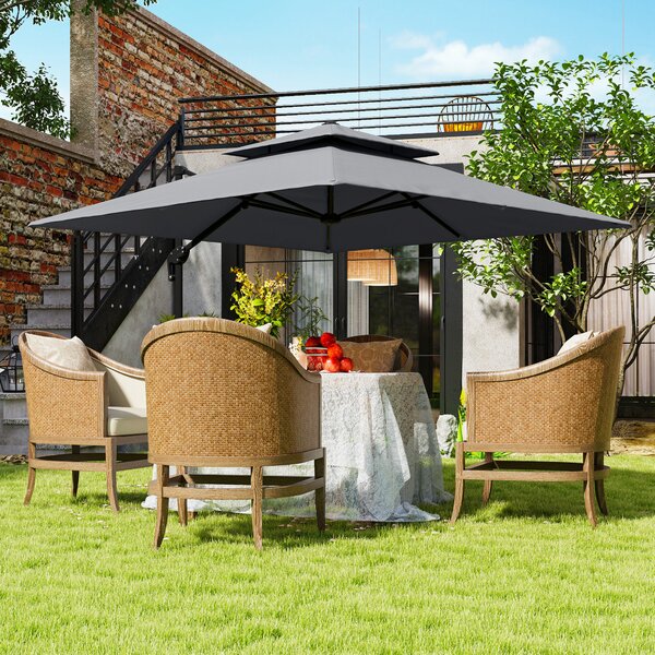 Outsunny 3 x 3(m) Cantilever Parasol with Aluminium Frame, Crank and Tilt, 360° Rotation, Double Top Garden Umbrella with Base and Cover, Light Grey
