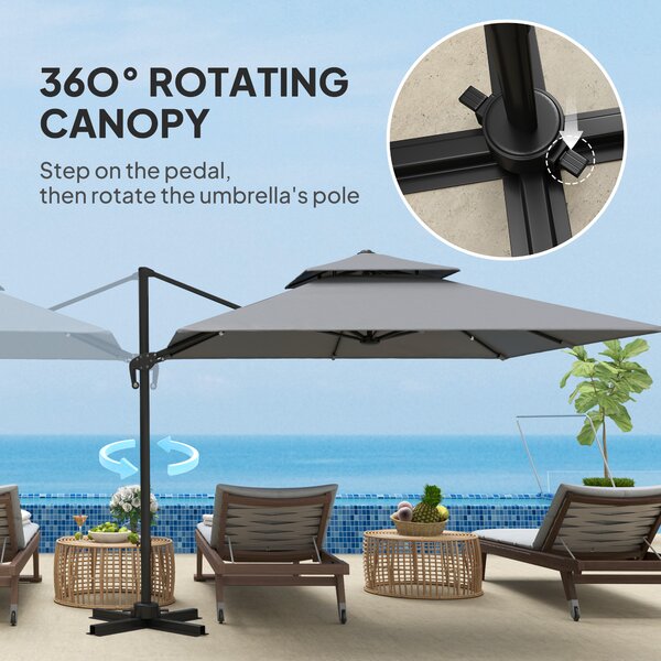 Outsunny 3 x 3(m) Cantilever Parasol with Aluminium Frame, Crank and Tilt, 360° Rotation, Double Top Garden Umbrella with Base and Cover, Light Grey