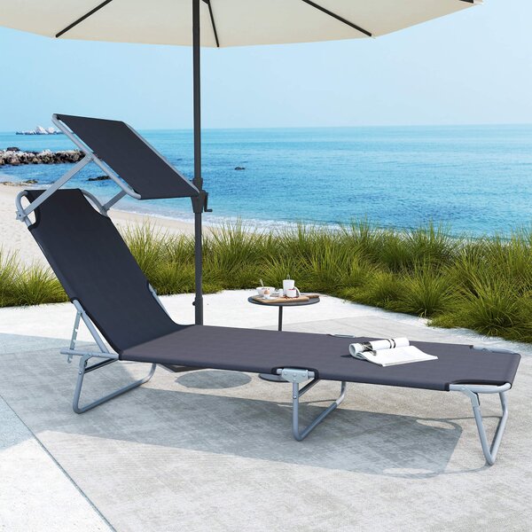 Outsunny Reclining Chair Sun Lounger Folding Lounger Seat with Sun Shade Awning Beach Garden Outdoor Patio Recliner Adjustable (Grey)