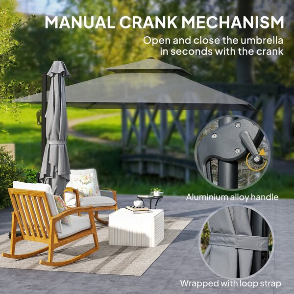 Outsunny 3 x 3(m) Cantilever Parasol with Aluminium Frame, Crank and Tilt, 360° Rotation, Double Top Garden Umbrella with Base and Cover, Light Grey