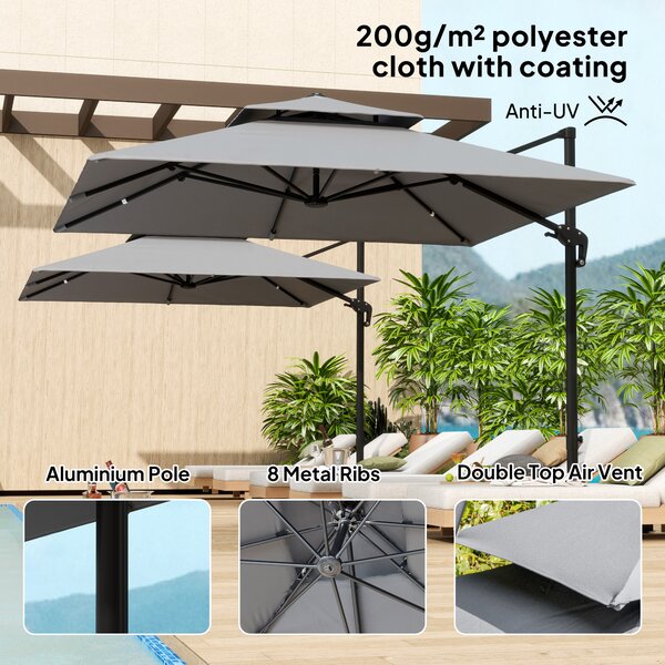 Outsunny 3 x 3(m) Cantilever Parasol with Aluminium Frame, Crank and Tilt, 360° Rotation, Double Top Garden Umbrella with Base and Cover, Light Grey