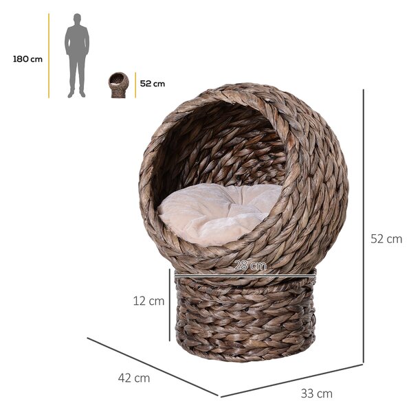 PawHut Wicker Cat Bed, Raised Rattan Cat Basket with Cylindrical Base, Soft Washable Cushion, 42 x 33 x 52cm - Brown Aosom UK