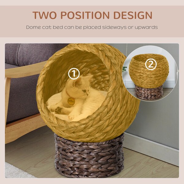 PawHut Wicker Cat Bed, Raised Rattan Cat Basket with Cylindrical Base, Soft Washable Cushion, 42 x 33 x 52cm - Brown Aosom UK