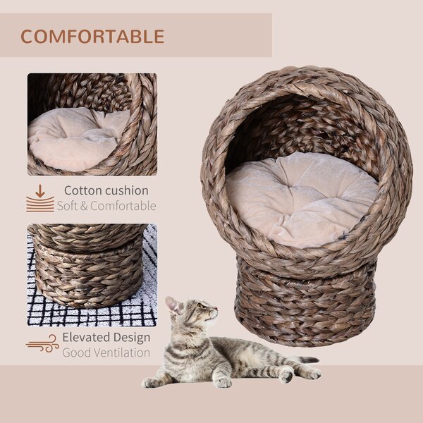 PawHut Wicker Cat Bed, Raised Rattan Cat Basket with Cylindrical Base, Soft Washable Cushion, 42 x 33 x 52cm - Brown Aosom UK