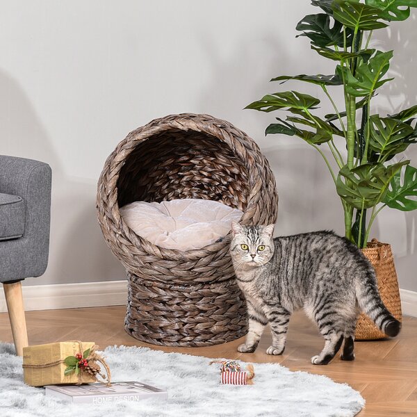 PawHut Wicker Cat Bed, Raised Rattan Cat Basket with Cylindrical Base, Soft Washable Cushion, 42 x 33 x 52cm - Brown Aosom UK