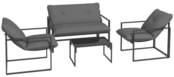 Outsunny 4 Piece Garden Sofa Set 2 Single Armchair, Loveseat and Coffee Table Set Steel Frame Patio Furniture with Thick Cushions, Grey