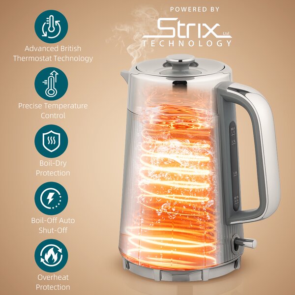 HOMCOM Electric Kettle and Toaster Set, 3000W 1.7L UK Strix Thermostat Rapid Boil Jug Kettle with Limescale Filter, Cool Touch Body, 4 Slice Toaster with 7 Browning Controls, Crumb Tray, Grey