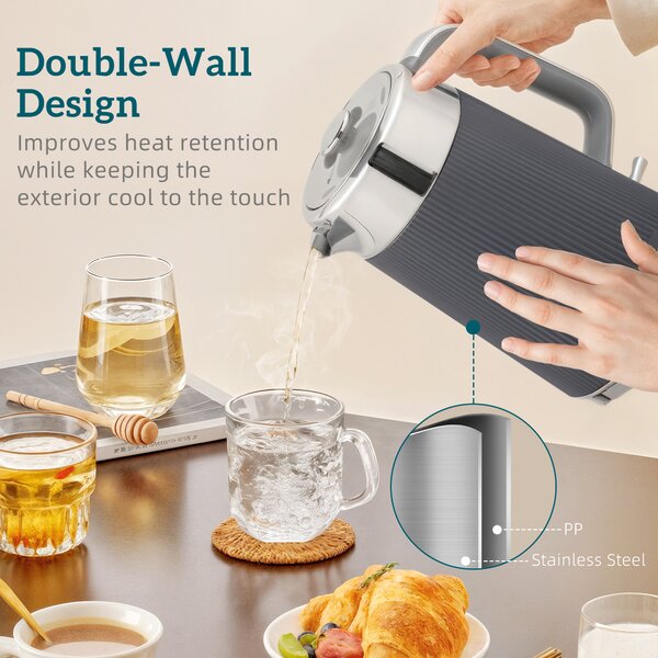 HOMCOM Electric Kettle and Toaster Set, 3000W 1.7L UK Strix Thermostat Rapid Boil Jug Kettle with Limescale Filter, Cool Touch Body, 4 Slice Toaster with 7 Browning Controls, Crumb Tray, Grey