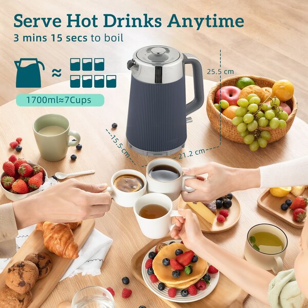 HOMCOM Electric Kettle and Toaster Set, 3000W 1.7L UK Strix Thermostat Rapid Boil Jug Kettle with Limescale Filter, Cool Touch Body, 4 Slice Toaster with 7 Browning Controls, Crumb Tray, Grey