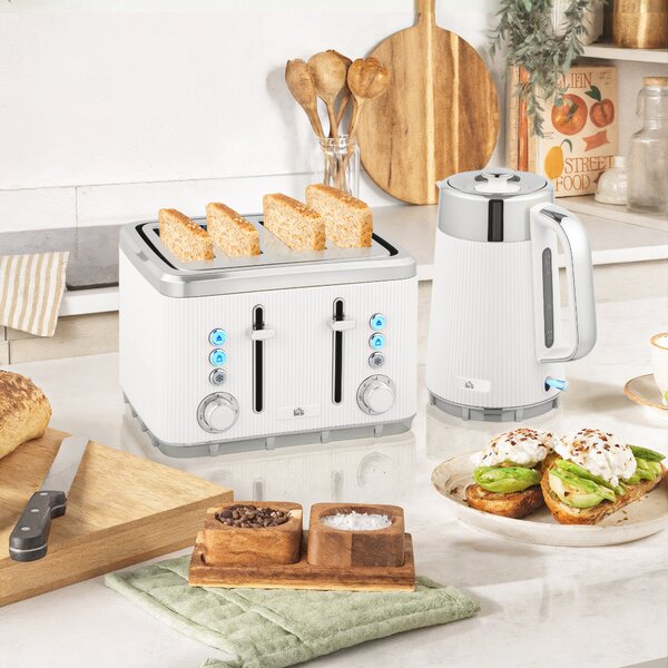 HOMCOM Electric Kettle and Toaster Set, 3000W 1.7L UK Strix Thermostat Rapid Boil Jug Kettle with Limescale Filter, Cool Touch Body, 4 Slice Toaster with 7 Browning Controls, Crumb Tray, White