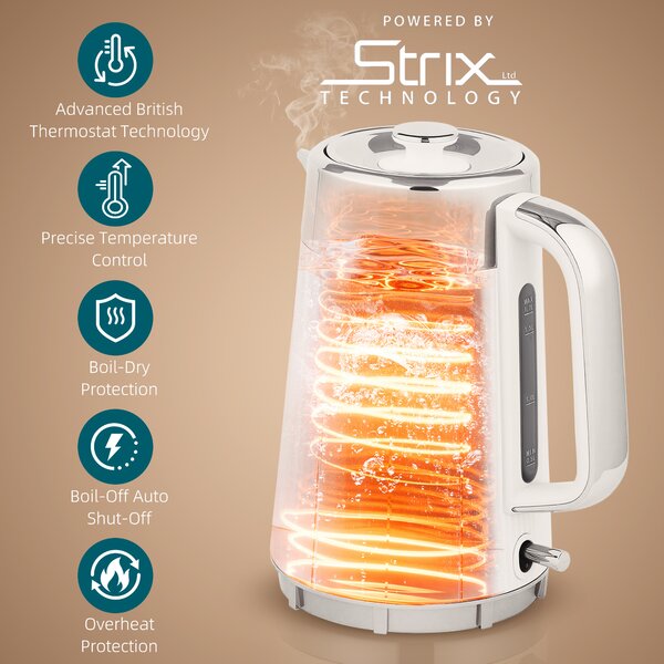 HOMCOM Electric Kettle and Toaster Set, 3000W 1.7L UK Strix Thermostat Rapid Boil Jug Kettle with Limescale Filter, Cool Touch Body, 4 Slice Toaster with 7 Browning Controls, Crumb Tray, White