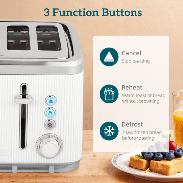 HOMCOM Electric Kettle and Toaster Set, 3000W 1.7L UK Strix Thermostat Rapid Boil Jug Kettle with Limescale Filter, Cool Touch Body, 4 Slice Toaster with 7 Browning Controls, Crumb Tray, White