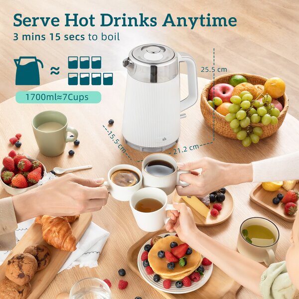 HOMCOM Electric Kettle and Toaster Set, 3000W 1.7L UK Strix Thermostat Rapid Boil Jug Kettle with Limescale Filter, Cool Touch Body, 4 Slice Toaster with 7 Browning Controls, Crumb Tray, White