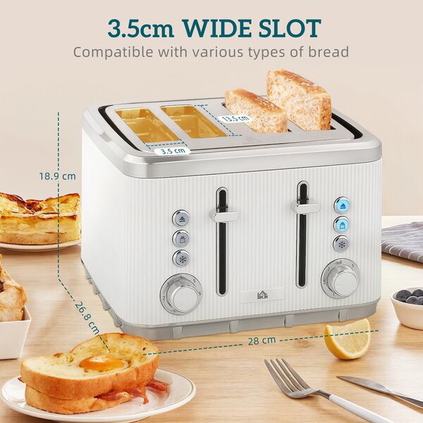 HOMCOM Electric Kettle and Toaster Set, 3000W 1.7L UK Strix Thermostat Rapid Boil Jug Kettle with Limescale Filter, Cool Touch Body, 4 Slice Toaster with 7 Browning Controls, Crumb Tray, White