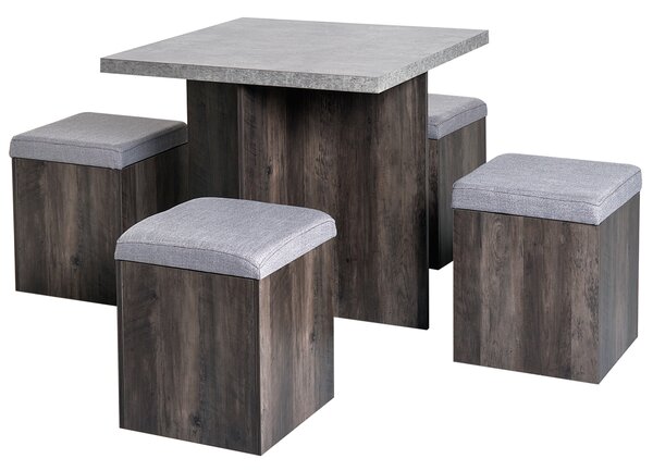 HOMCOM 5PC Dining Set Garden Patio Wooden Set 4 Storage Stools Footrest Ottoman with Cushions + 1 Table Space Saving Design Indoor Outdoor Aosom UK