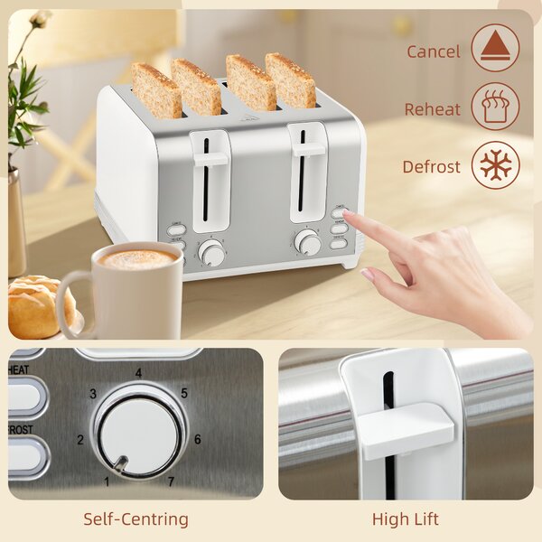 HOMCOM Stainless Steel Kettle and Toaster Set, 1.7L 3000W Rapid Boil Jug Kettle with UK Strix Thermostat, Limescale Filter, 4 Slice Toaster with 7 Browning Controls, Crumb Tray, White and Silver Tone
