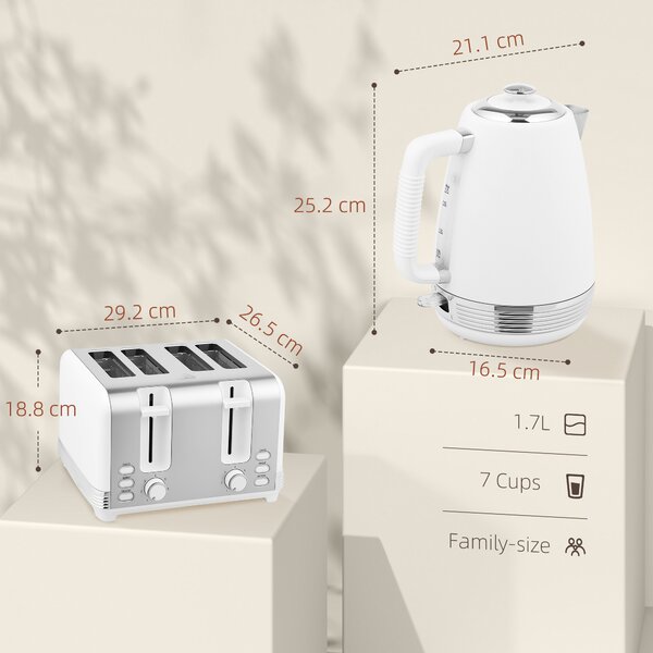 HOMCOM Stainless Steel Kettle and Toaster Set, 1.7L 3000W Rapid Boil Jug Kettle with UK Strix Thermostat, Limescale Filter, 4 Slice Toaster with 7 Browning Controls, Crumb Tray, White and Silver Tone