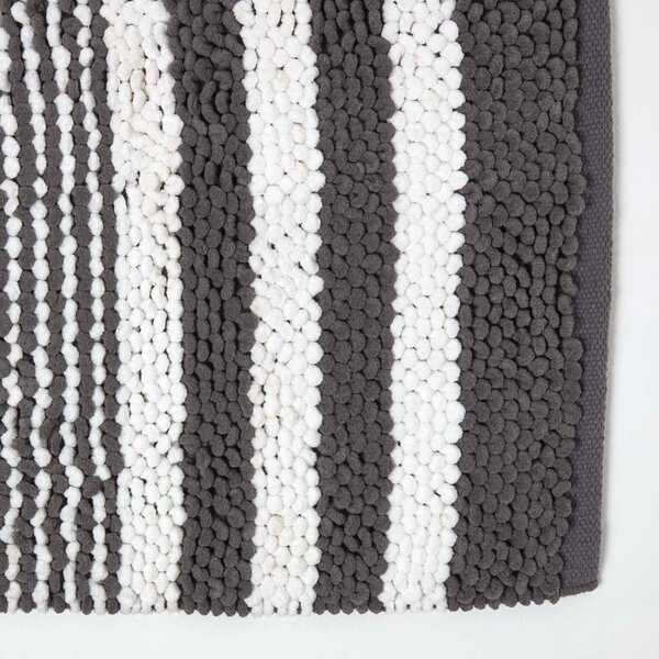 HOMESCAPES Charcoal Chenille Stripe Bath Mat 100% Cotton, 50 x 80 cm