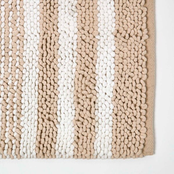 HOMESCAPES Beige Chenille Stripe Bath Mat 100% Cotton, 50 x 80 cm