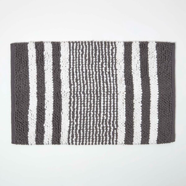 HOMESCAPES Charcoal Chenille Stripe Bath Mat 100% Cotton, 50 x 80 cm