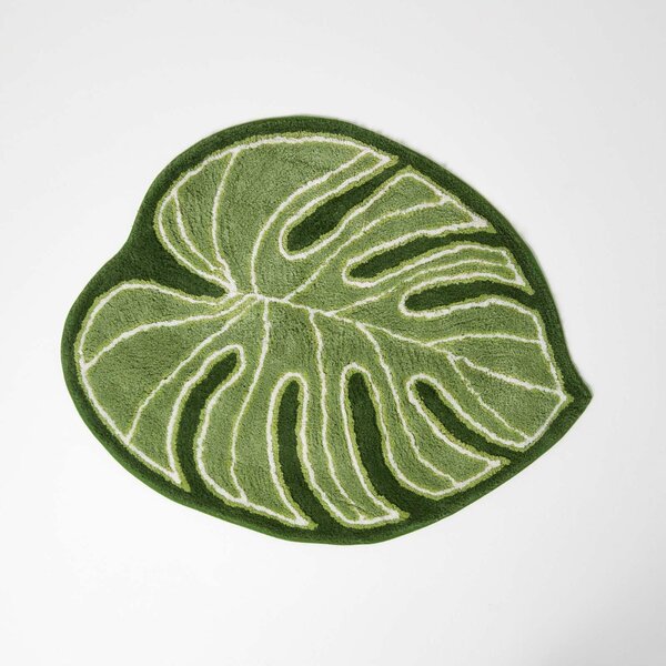 HOMESCAPES Green Leaf Bath Mat 100% Cotton, 65 x 80 cm