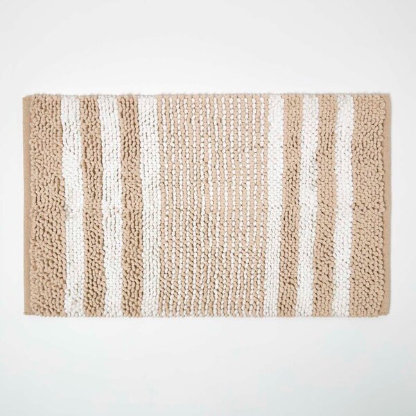 HOMESCAPES Beige Chenille Stripe Bath Mat 100% Cotton, 50 x 80 cm