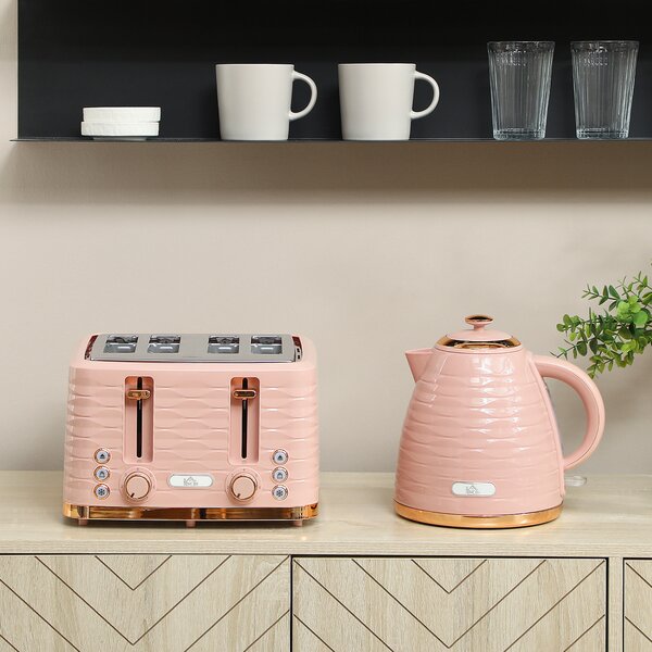 HOMCOM 3000W 1.7L Kettle & 4 Slice Toaster, Kettle and Toaster Set with 7 Browning Controls and Crumb Tray, Light Pink