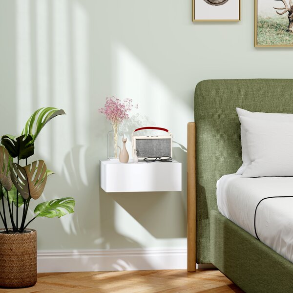 HOMCOM Floating Bedside Table, Wall-Mounted Nightstand with Storage Drawer, Small Side End Table for Bedroom, White