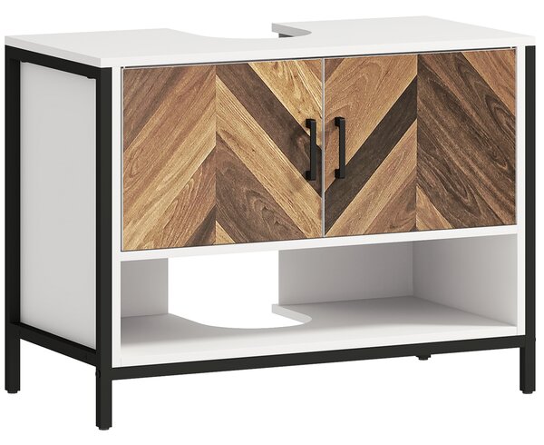 HOMCOM Under Sink Bathroom Cabinet, Rustic Under Sink Cabinet with Herringbone Doors and Open Compartment, 80 x 40 x 60cm, Cream White