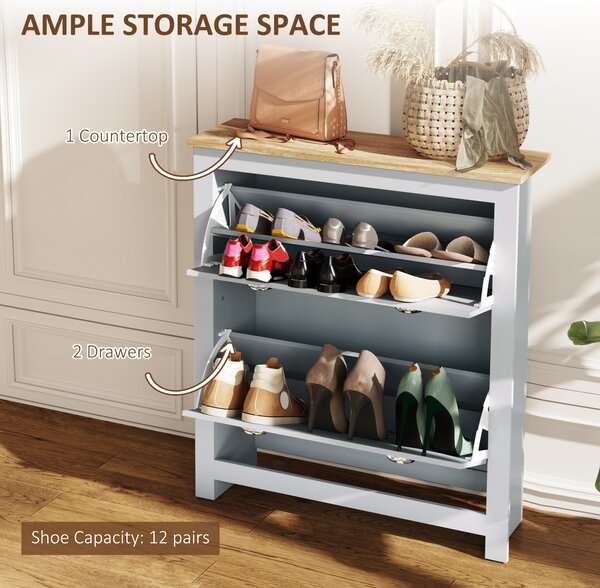 HOMCOM 2-Drawer Shoe Cabinet with Flip Doors, Narrow Wooden Storage Organizer, Adjustable Shelf for 6-12 Pairs, Hallway Storage, Grey Aosom UK
