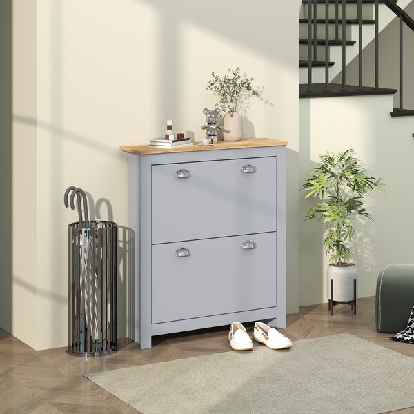 HOMCOM 2-Drawer Shoe Cabinet with Flip Doors, Narrow Wooden Storage Organizer, Adjustable Shelf for 6-12 Pairs, Hallway Storage, Grey Aosom UK