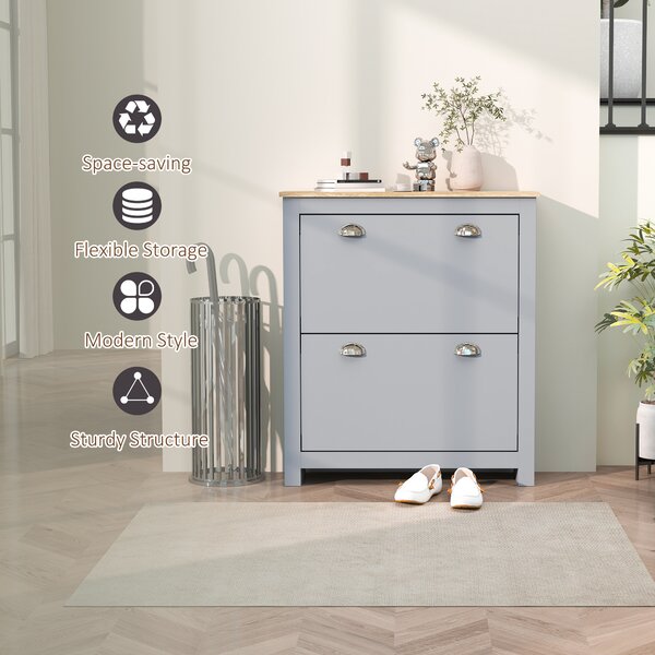 HOMCOM 2-Drawer Shoe Cabinet with Flip Doors, Narrow Wooden Storage Organizer, Adjustable Shelf for 6-12 Pairs, Hallway Storage, Grey Aosom UK