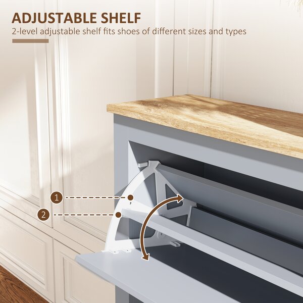 HOMCOM 2-Drawer Shoe Cabinet with Flip Doors, Narrow Wooden Storage Organizer, Adjustable Shelf for 6-12 Pairs, Hallway Storage, Grey Aosom UK