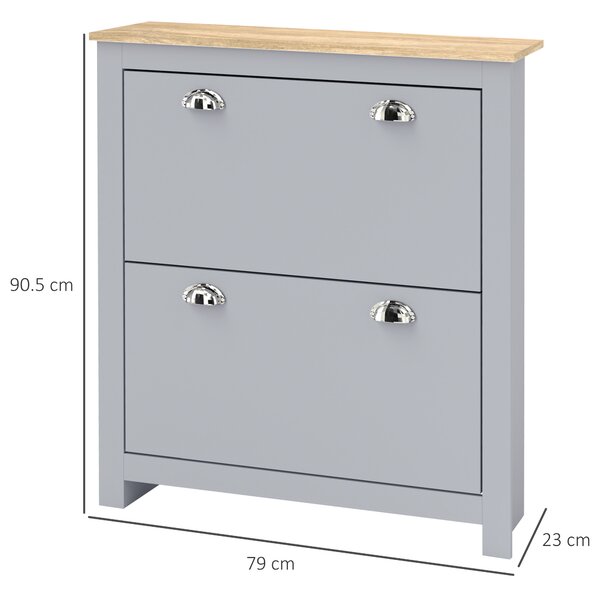 HOMCOM 2-Drawer Shoe Cabinet with Flip Doors, Narrow Wooden Storage Organizer, Adjustable Shelf for 6-12 Pairs, Hallway Storage, Grey Aosom UK