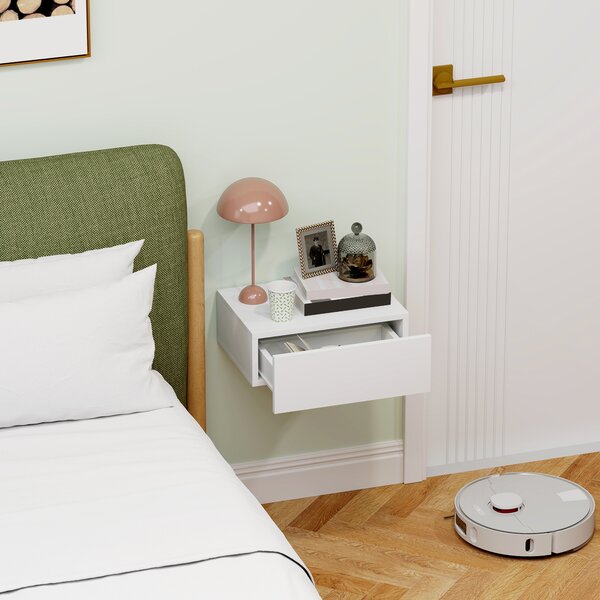 HOMCOM Floating Bedside Table, Wall-Mounted Nightstand with Storage Drawer, Small Side End Table for Bedroom, White