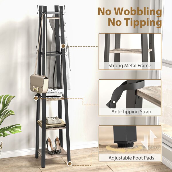 HOMCOM Industrial Coat Stand with 8 Hooks and 4 Shelves - Grey