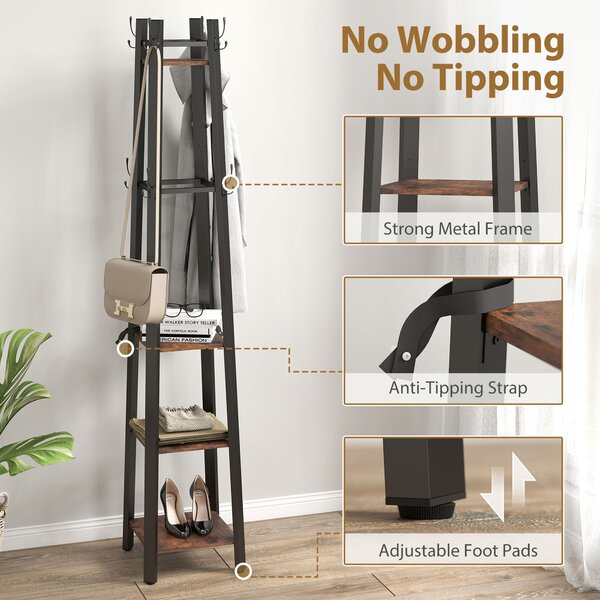 HOMCOM Industrial Coat Stand with 8 Hooks and 4 Shelves - Rustic Brown
