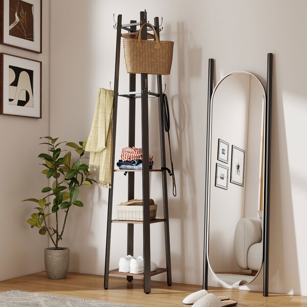 HOMCOM Industrial Coat Stand with 8 Hooks and 4 Shelves - Rustic Brown