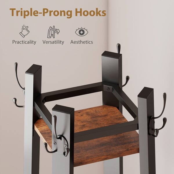 HOMCOM Industrial Coat Stand with 8 Hooks and 4 Shelves - Rustic Brown