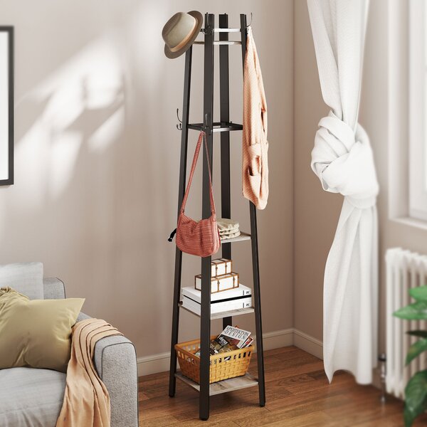HOMCOM Industrial Coat Stand with 8 Hooks and 4 Shelves - Grey