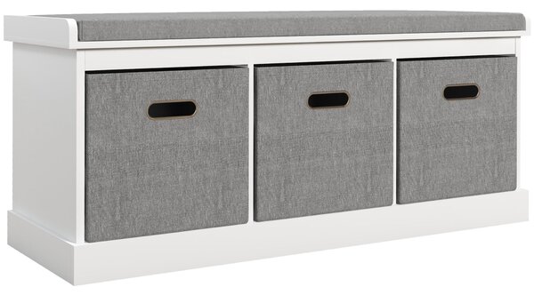 HOMCOM Shoe Bench with Seat, Shoe Storage Bench with Cushion and 3 Fabric Drawers for Entryway, Hallway, Living Room, Bedroom, White Aosom UK