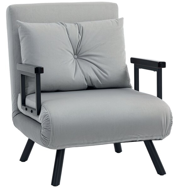 HOMCOM 4-in-1 Velvet-Feel Single Chair Bed, with Pillow - Light Grey