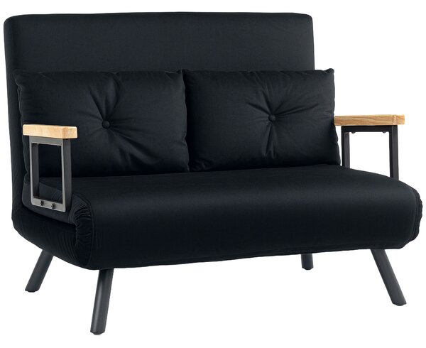 HOMCOM Convertible Double Sofa Bed, 180° Recline, Velvet Touch Fabric & Wooden Armrests, with 20CM Cushions & 2 Pillows, Black Aosom UK