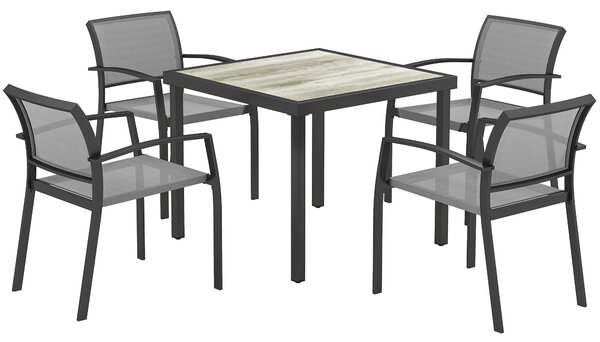 Outsunny 5 Piece Garden Furniture Set with 4 Stackable Armchairs, Easy Clean Top, Steel Frame, Texteline Seat, Grey