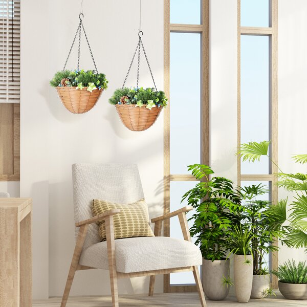 HOMCOM Artificial Flowers in Basket Set of 2, Artificial Hanging Baskets with PE Leaves, 18 Flowers and 3 Pinecones in Pot, Decorative Faux Plant for Home Office Decor, Green