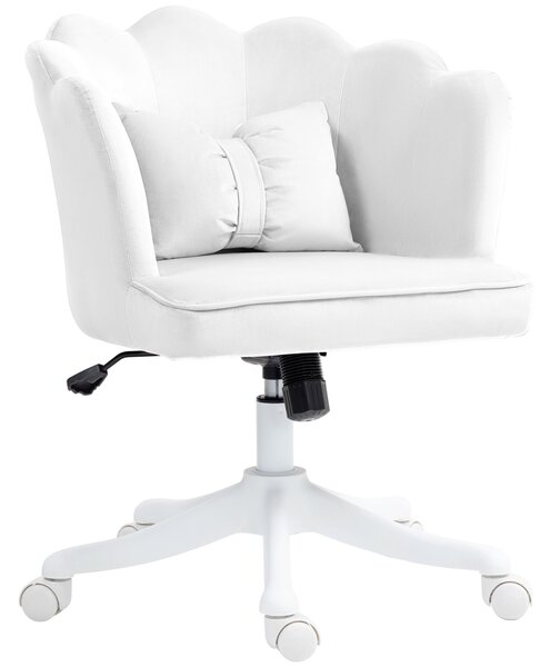 HOMCOM Velvet Office Chair with Petal Shell Back and Lumbar Pillow, Armless Desk Chair with Wide Seat, Tilt Function, Adjustable Height for Bedroom, White Aosom UK