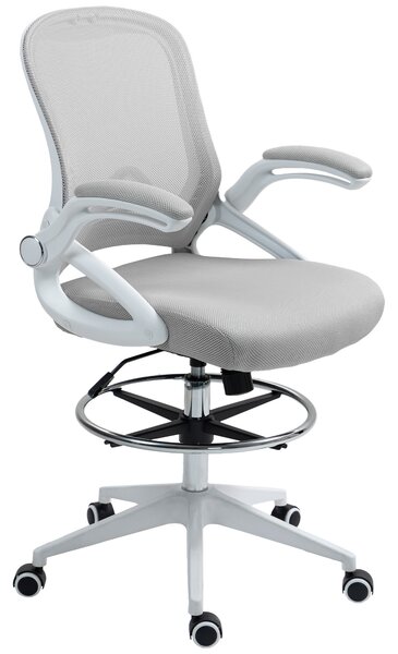Vinsetto Drafting Chair with Flip-up Armrest, Mesh Office Stool with Foot Ring, 360° Swivel Height Adjustable Chair for Standing Desk, Light Grey