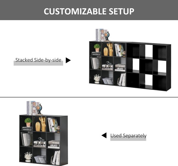 HOMCOM 3-tier 9 Cubes Storage Unit Particle Board Cabinet Bookcase Organiser Home Office Shelves Black Aosom UK