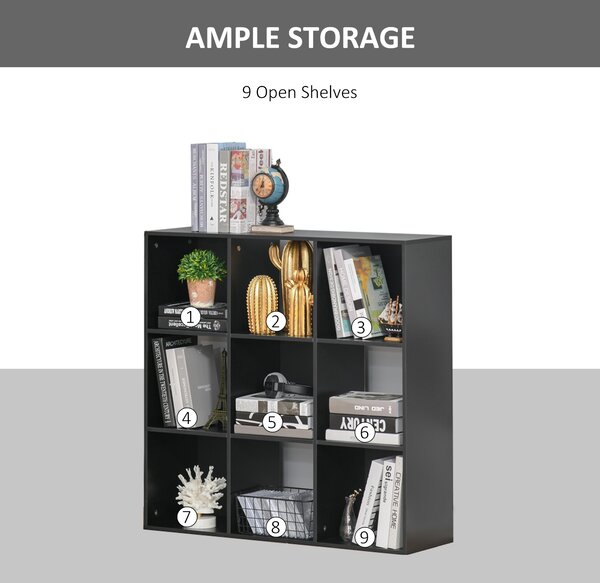 HOMCOM 3-tier 9 Cubes Storage Unit Particle Board Cabinet Bookcase Organiser Home Office Shelves Black Aosom UK